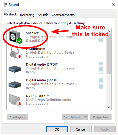 Windows 10 sound set default greyed outlook